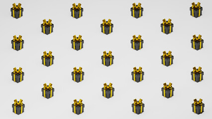 Many black gift boxes on a white background, 3d render, 3d illustration