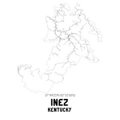 Inez Kentucky. US street map with black and white lines.
