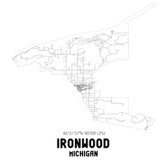 Ironwood Michigan. US street map with black and white lines.