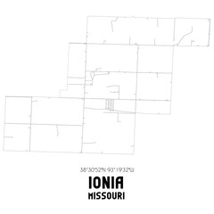 Ionia Missouri. US street map with black and white lines.