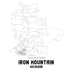 Iron Mountain Michigan. US street map with black and white lines.