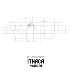 Ithaca Michigan. US street map with black and white lines.