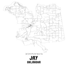 Jay Oklahoma. US street map with black and white lines.
