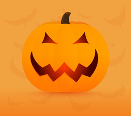 Pumpkin with scary face on orange Halloween background.