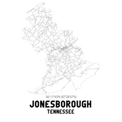 Jonesborough Tennessee. US street map with black and white lines.