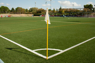 corner flag on a soccer field on game day