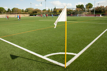 corner flag on a soccer field on game day
