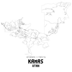 Kamas Utah. US street map with black and white lines.