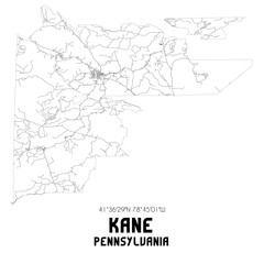 Kane Pennsylvania. US street map with black and white lines.