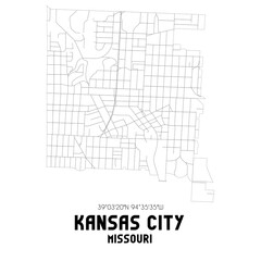 Kansas City Missouri. US street map with black and white lines.