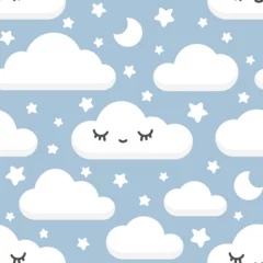 Cute clouds with eyes and long lashes pastel blue for baby girl and boy textile and fabric print. Kawaii seamless pattern , wallpaper art for nursery room. © CandyLama