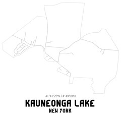 Kauneonga Lake New York. US street map with black and white lines.