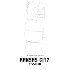 Kansas City Missouri. US street map with black and white lines.