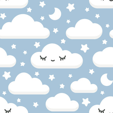 Cute clouds with eyes and long lashes pastel blue for baby girl and boy textile and fabric print. Kawaii seamless pattern , wallpaper art for nursery room.