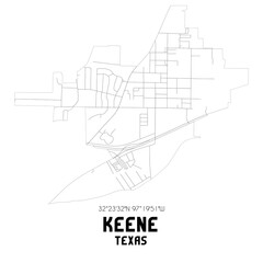 Keene Texas. US street map with black and white lines.