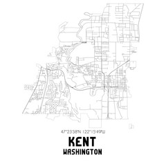 Kent Washington. US street map with black and white lines.