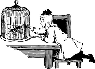 Young girl with a bird in a cage illustration.