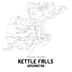 Kettle Falls Washington. US street map with black and white lines.