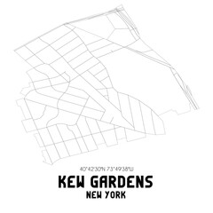 Kew Gardens New York. US street map with black and white lines.