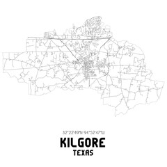 Kilgore Texas. US street map with black and white lines.