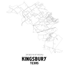 Kingsbury Texas. US street map with black and white lines.