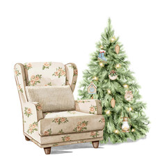 Watercolor vintage beige cozy armchair with knitted pillow near Christmas tree with toys isolated on white background. Hand drawn illustration sketch