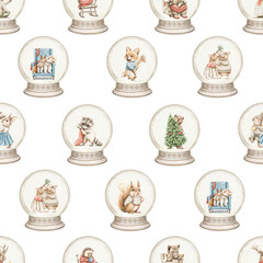 Watercolor seamless pattern with vintage Christmas animals in snow globe isolated on white background. Hand drawn illustration sketch