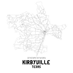 Kirbyville Texas. US street map with black and white lines.