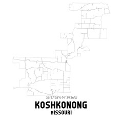 Koshkonong Missouri. US street map with black and white lines.