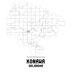 Konawa Oklahoma. US street map with black and white lines.