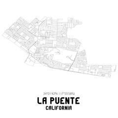 Fototapeta na wymiar La Puente California. US street map with black and white lines.