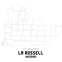 La Russell Missouri. US street map with black and white lines.