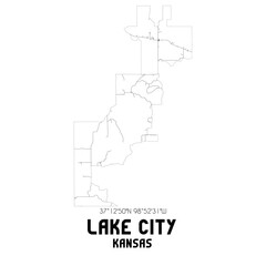 Lake City Kansas. US street map with black and white lines.