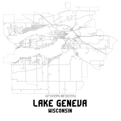 Lake Geneva Wisconsin. US street map with black and white lines.