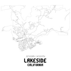 Lakeside California. US street map with black and white lines.