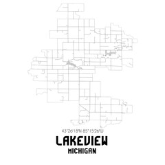 Lakeview Michigan. US street map with black and white lines.