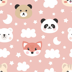 Fox, panda, teddy bear, polar bear, kitten pastel pink sky seamless pattern background, kids cute woodland animals with clouds and stars fabric and textile print design.