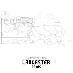 Lancaster Texas. US street map with black and white lines.
