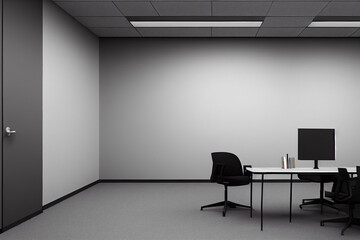 Office interior with furniture and paraphernalia. Office mockup with table and chairs, open space room for the placement of corporate attributes of the company. 3D 