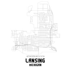 Lansing Michigan. US street map with black and white lines.