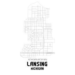 Lansing Michigan. US street map with black and white lines.