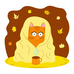 Red cat in a blanket with a cup of hot drink, autumn vector illustration