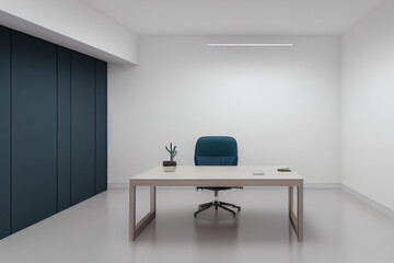 Office interior with furniture and paraphernalia. Office mockup with table and chairs, open space room for the placement of corporate attributes of the company. 3D