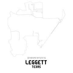 Leggett Texas. US street map with black and white lines.
