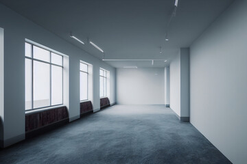 Office space with tables and chairs. Room for office workers open space. Office room for the placement of corporate attributes of the company. 3D office rendering.