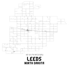 Leeds North Dakota. US street map with black and white lines.