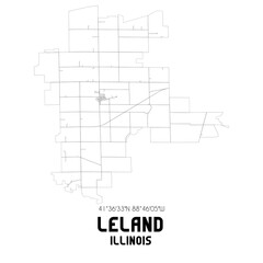 Leland Illinois. US street map with black and white lines.