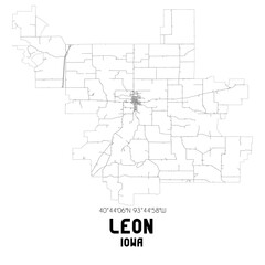 Leon Iowa. US street map with black and white lines.