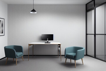 Empty office room with a mock white wall, chair and table for your logo. Office room with a floor wall, to place the corporate attributes of the company. 3D Office Rendering