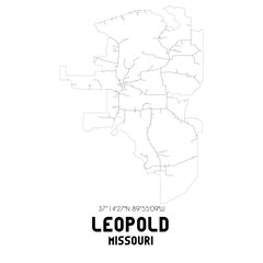 Leopold Missouri. US street map with black and white lines.